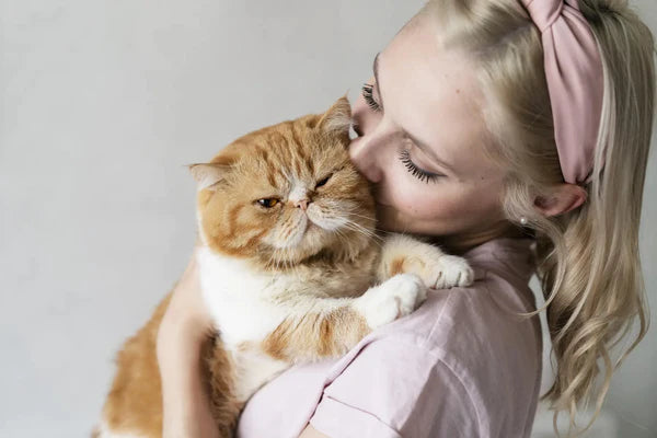 Eine blonde Frau umarmt eine süße große Katze
